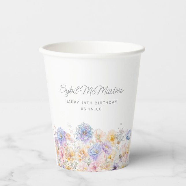 19th Birthday Party Watercolor Floral Custom Paper Cups (Front)
