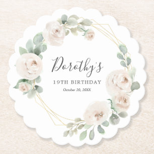 19th Birthday Party White Rose Floral Custom Paper Coaster