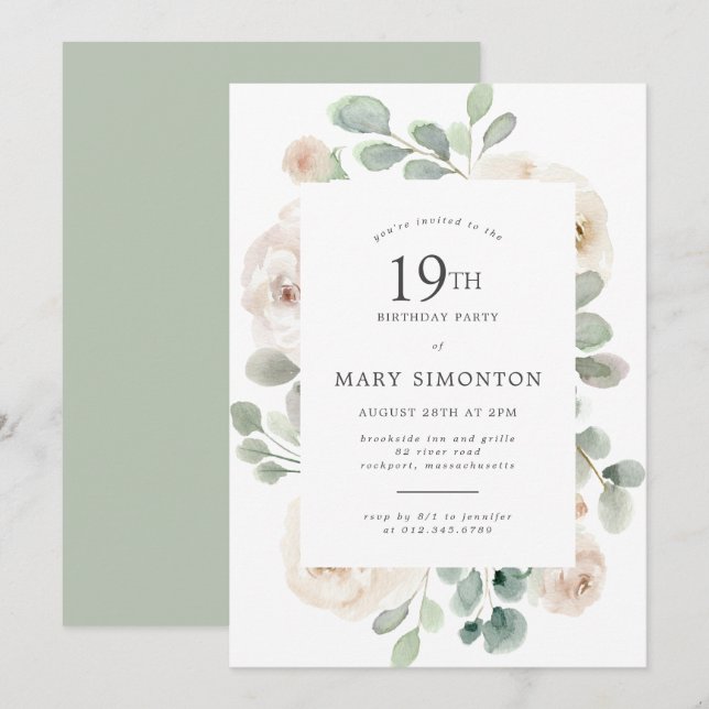 19th Birthday Party White Rose Floral Invitation (Front/Back)