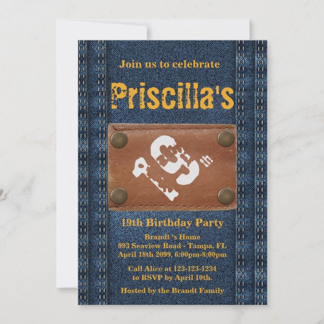 19th Birthday Party Woman, Any age, Denim style Invitation (Front)