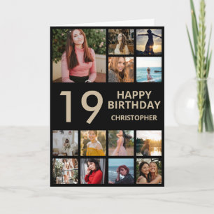 19th Birthday Photo Collage 13 Photos Black & Gold Card