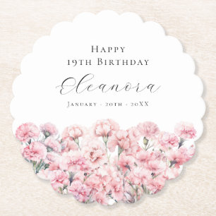 19th Birthday Pink Carnation January Birth Flower Paper Coaster
