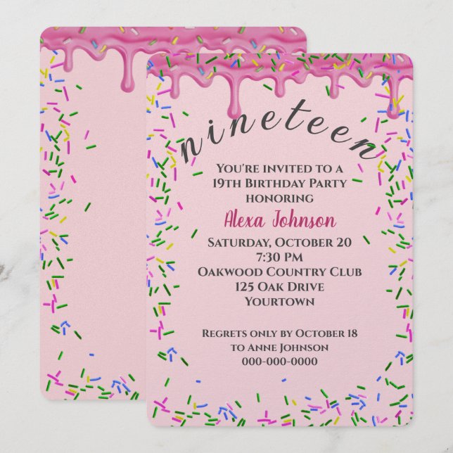 19th Birthday Pink Icing And Sprinkles Invitation (Front/Back)
