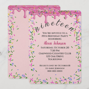 19th Birthday Pink Icing And Sprinkles Invitation