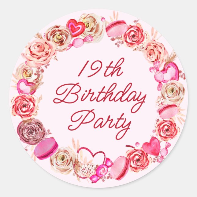 19th Birthday Pink Rose Swirly Heart Envelope Classic Round Sticker (Front)