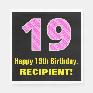 19th Birthday: Pink Stripes and Hearts "19" + Name Napkin