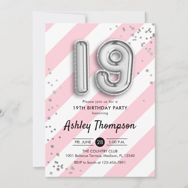 19th Birthday - Pink Stripes and Silver Balloons Invitation (Front)