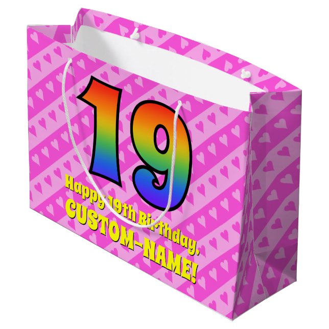 19th Birthday: Pink Stripes & Hearts, Rainbow # 19 Large Gift Bag (Back Angled)