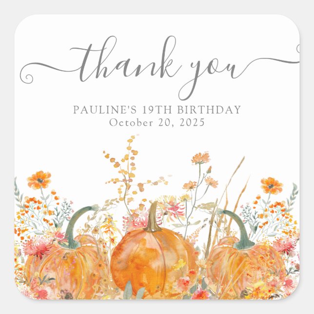 19th Birthday Pumpkin Wildflower Custom Thank You Square Sticker (Front)