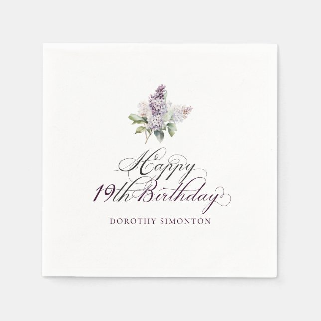 19th Birthday Purple Lilac Spring Flower Cocktail Napkin (Front)