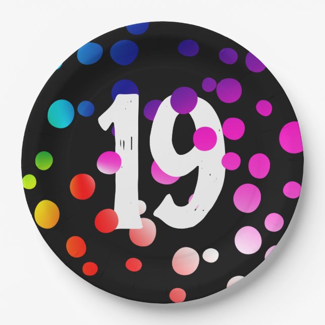 19th Birthday Rainbow Dots on Black Paper Plate (Front)