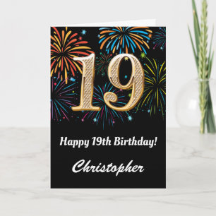 19th Birthday Rainbow Fireworks Black and Gold Card