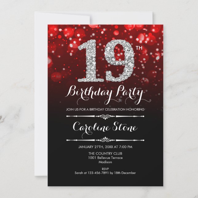 19th Birthday - Red Black Silver Invitation (Front)