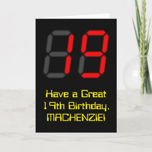 19th Birthday: Red Digital Clock Style "19" + Name Card