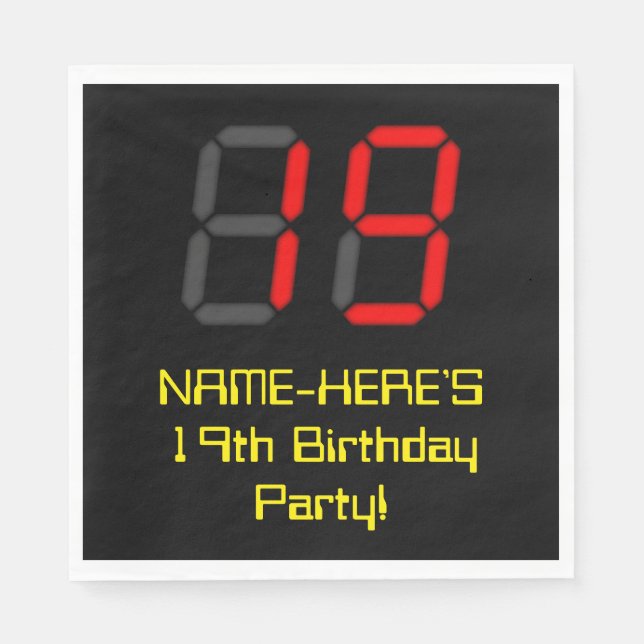 19th Birthday: Red Digital Clock Style "19" + Name Napkin (Front)