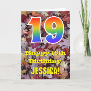19th Birthday; Rustic Autumn Leaves; Rainbow "19" Card