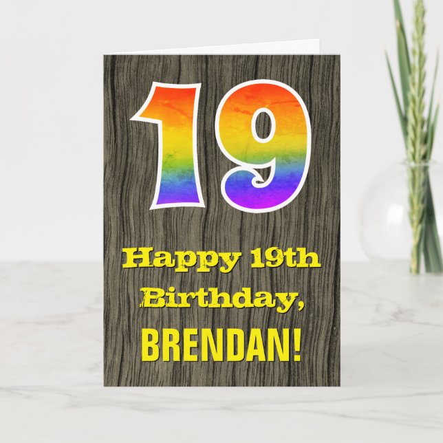 19th Birthday: Rustic Faux Wood Look, Rainbow "19" Card (Front)
