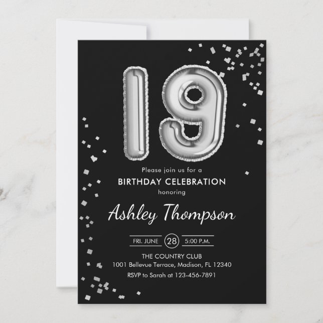 19th Birthday - Silver Balloons Black Invitation (Front)