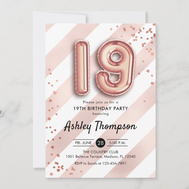 19th Birthday - Stripes Rose Gold Balloons Invitation (Front)