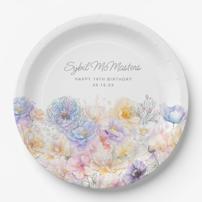 19th Birthday Summer Watercolor Floral Custom Paper Plate (Front)