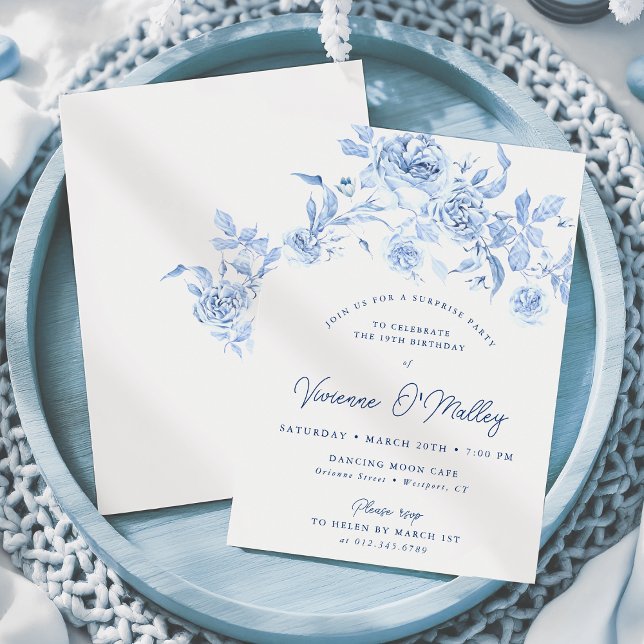 19th Birthday Surprise Party Dusty Blue Floral Invitation (Creator Uploaded)