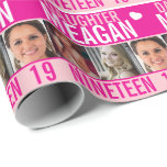 19th birthday three photos pink daughter wrapping  wrapping paper<br><div class="desc">Graphic hot pink, light pink, and white with a little white heart 19th daughter birthday wrapping paper. Bright graphic birthday wrap with three placeholders for your own photos and to customize with your own name, age, and inside message. Matching birthday card is also available. Unique design by Sarah Trett for...</div>