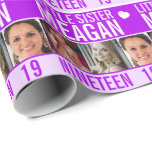 19th birthday three photos purple little sister wrapping paper<br><div class="desc">Graphic purple,  and white with a little white heart nineteen daughter birthday wrapping paper. Bright graphic birthday wrap with three placeholders for your own photos and to customize with your own name,  age,  and inside message. A matching birthday card is also available. Unique design by Sarah Trett for www.mylittleeden.com</div>