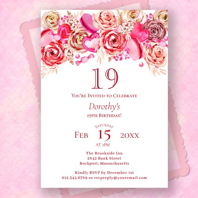 19th Birthday Valentine Pink Rose Swirly Heart Invitation (Creator Uploaded)