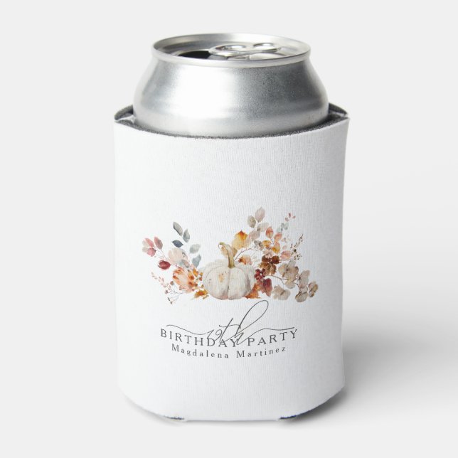 19th Birthday White Pumpkin Fall Flowers Custom Can Cooler (Can Front)