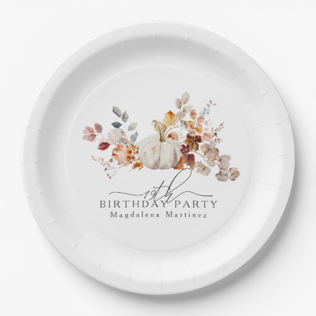 19th Birthday White Pumpkin Fall Flowers Custom Paper Plate (Front)