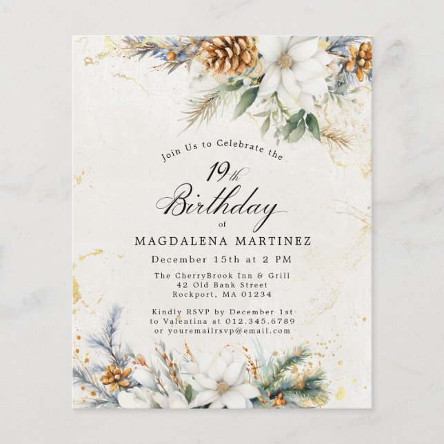 19th Birthday Winter White Floral Invitation (Front)