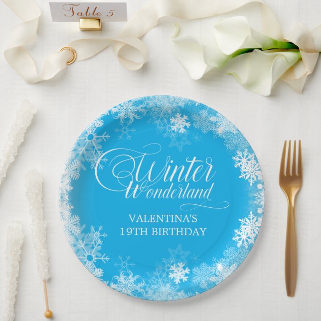 19th Birthday Winter Wonderland Snowflake Blue Paper Plate (Wedding)