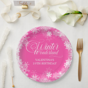 19th Birthday Winter Wonderland Snowflake Pink Paper Plate