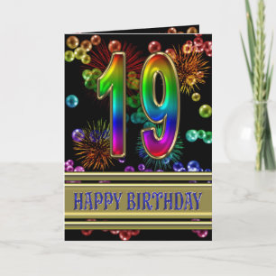 19th Birthday with rainbow bubbles and fireworks Card