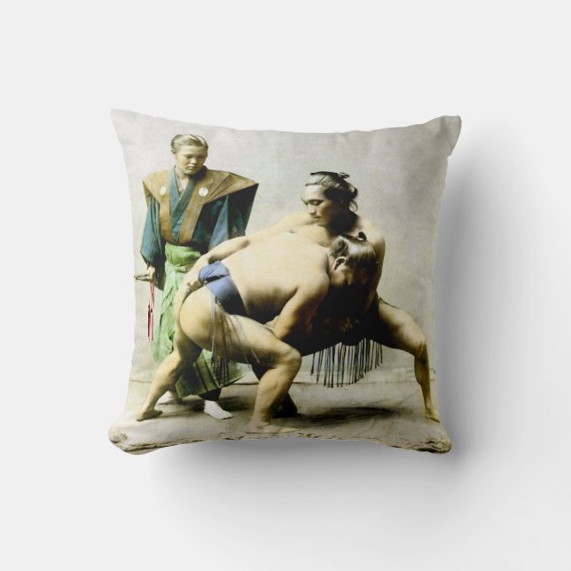 19th C. Japanese Wrestlers Throw Pillow (Front)