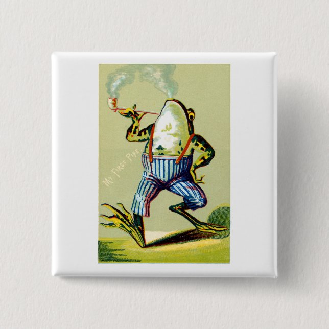 19th C. Pipe Smoking Frog 2 Inch Square Button (Front)