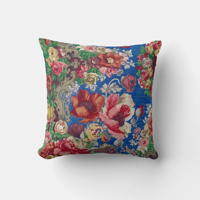 19th Century Flower Pattern Antique Blue Chintz Throw Pillow (Front)