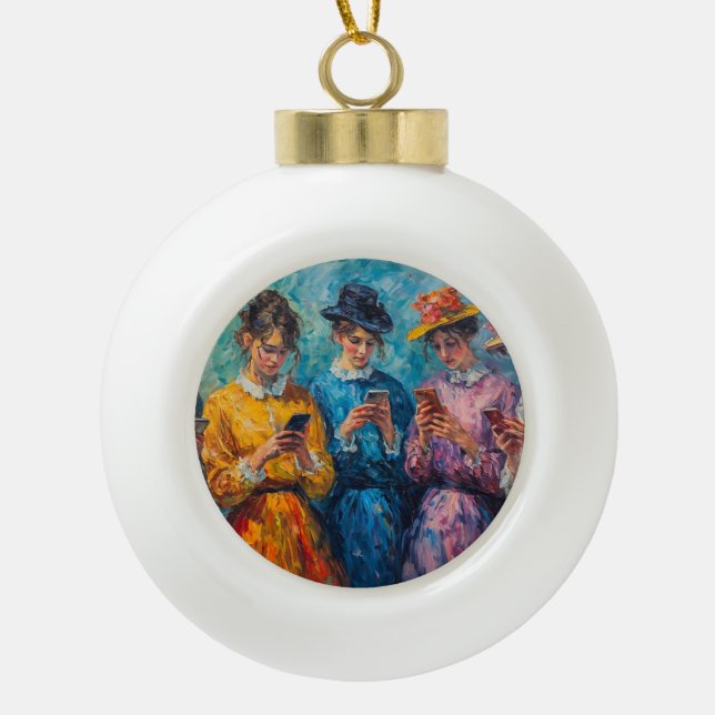 19th Century People Using Smartphones Ceramic Ball Christmas Ornament (Front)