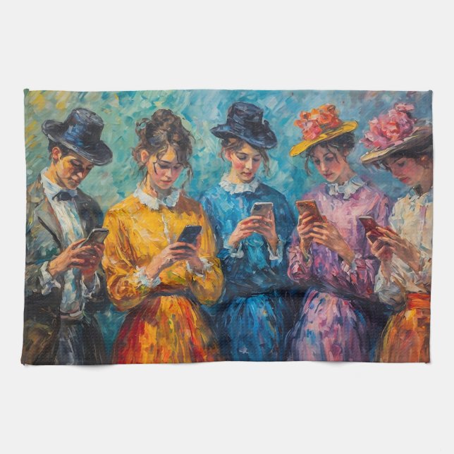 19th Century People Using Smartphones Kitchen Towel (Horizontal)