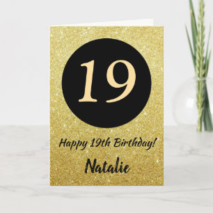 19th Happy Birthday Black and Gold Glitter Card