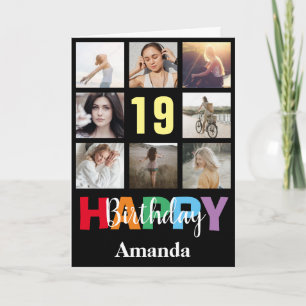19th Happy Birthday Photo Collage Modern Black Card