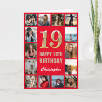 19th Happy Birthday Red and Gold Photo Collage