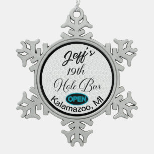 19th Hole Bar Personalized Golf Ball Design Bar Snowflake Pewter Christmas Ornament