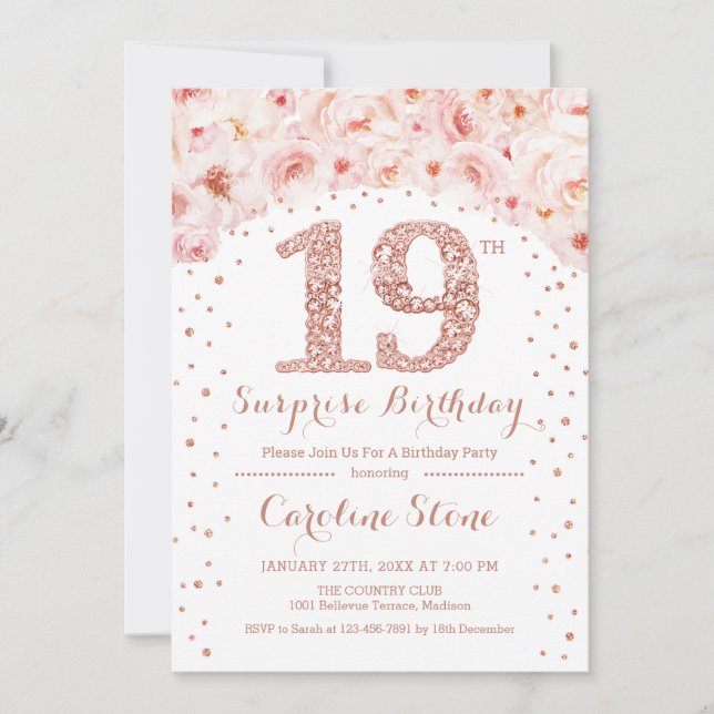 19th Surprise Birthday Party - White Rose Gold Invitation (Front)