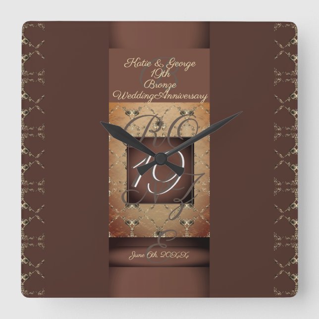19th Wedding Anniversary Dark Bronze Colour Square Wall Clock (Front)