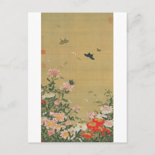 1. 芍薬群蝶図, 若冲 Flower and Butterfly, J Postcard