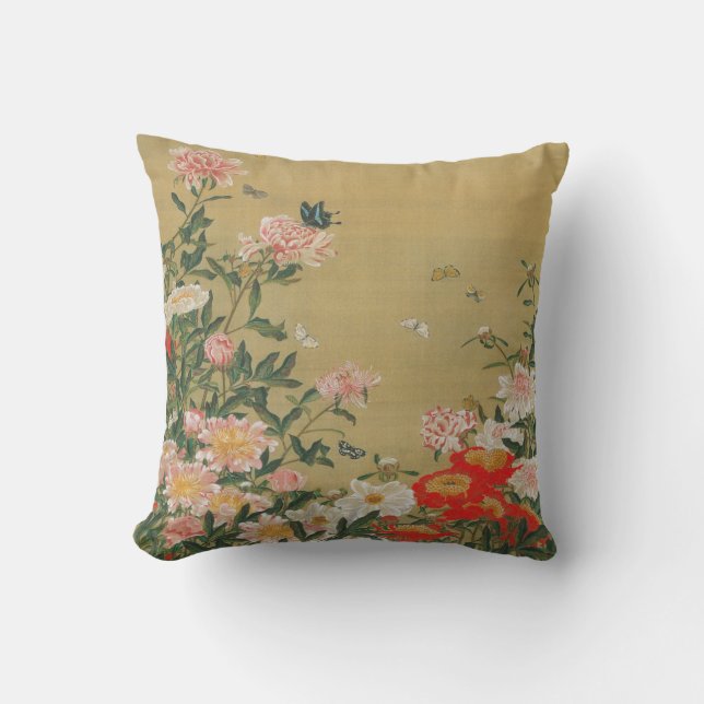 1. 芍薬群蝶図, 若冲 Flower and Butterfly, Jakuchū Throw Pillow (Front)