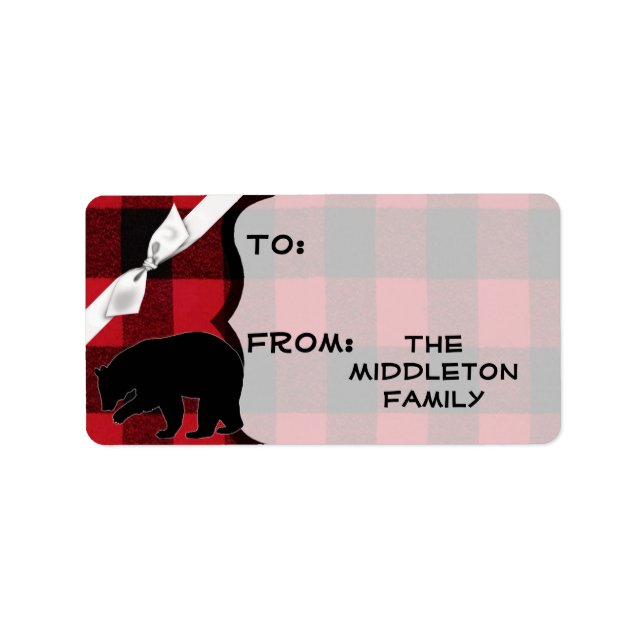 1.25"x2.75" Christmas XMAS Red Buffalo Plaid Bear Label (Front)