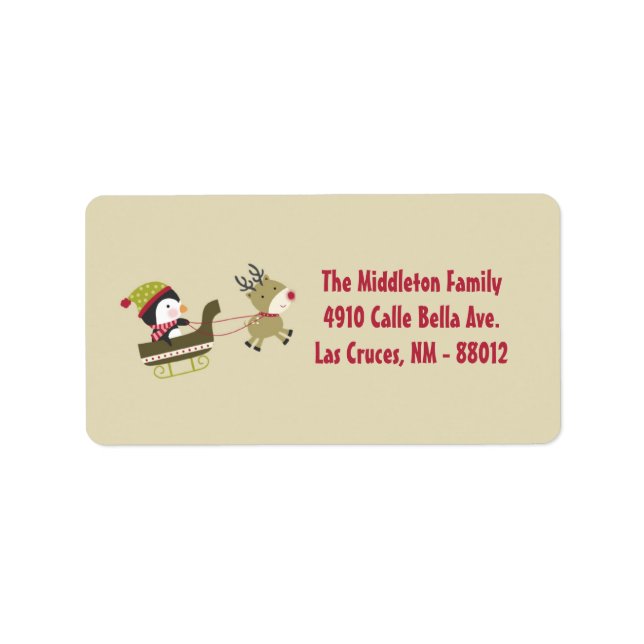 1.25"x2.75" Tan Penguin Rudolf Mailing Address Label (Front)