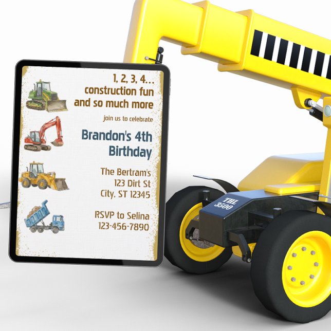 1,2,3,4 Construction Fun, 4th Birthday Invitation (Creator Uploaded)